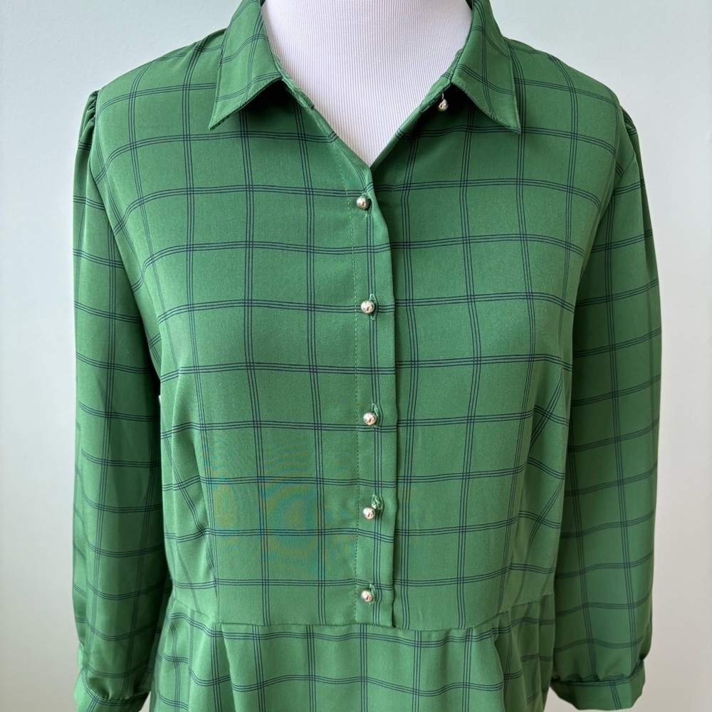 DownEast Modest Green Windowpane Check Academia Coquette Shirt Dress Sz L - Picture 2 of 13